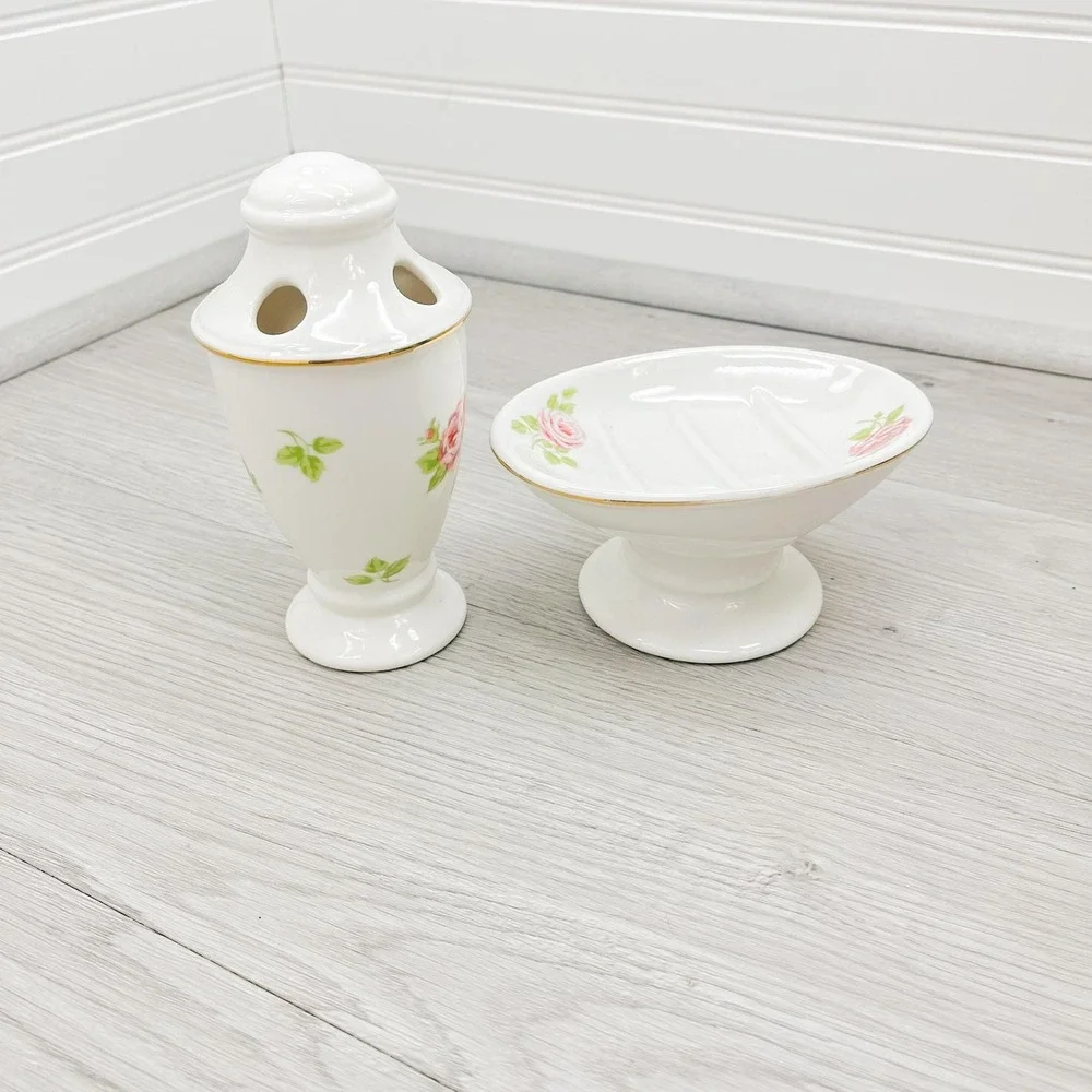 Vintage Floral Ceramic Bathroom Set: Soap Dish‎ & Toothbrush Holder